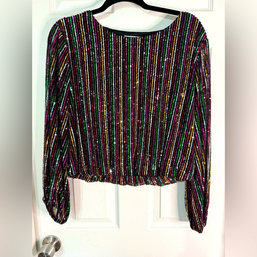Ali & Jay Multicolor Sequin Striped Long Sleeve Crop Top  Party Holiday Blouse L